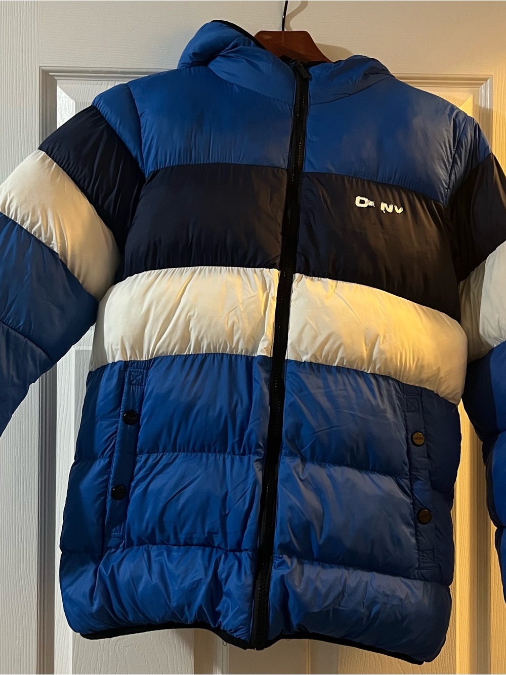 Dkny Blue, Navy & White Colorblock Puffer Jacket - boys 18-20